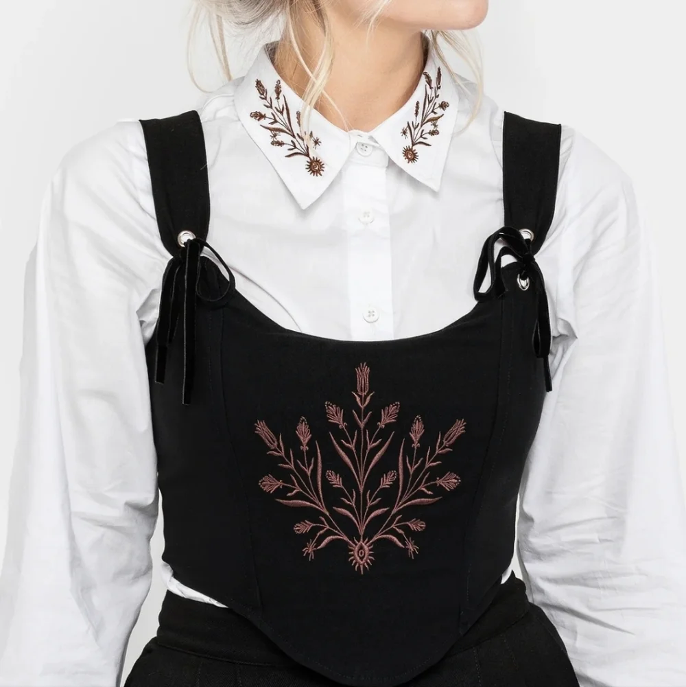 Cybele Embroidered Crop Corset Top Black Floral Embroidered Women's Top - Picture 2 of 9
